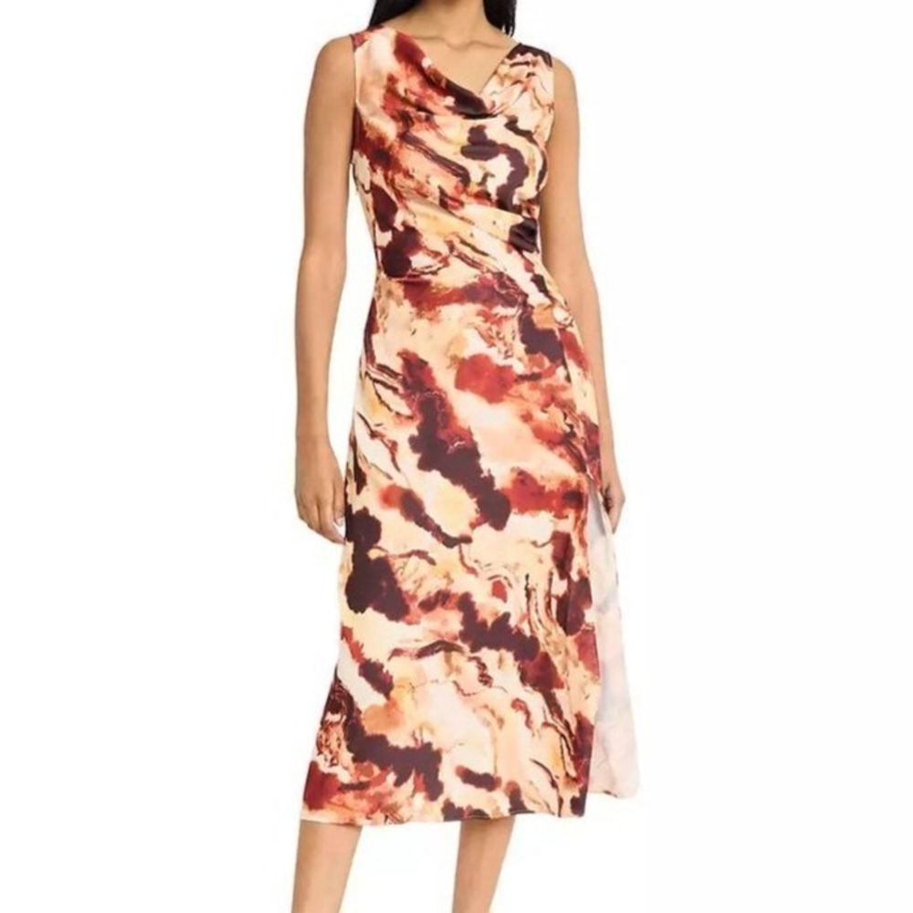 Donna Morgan Cowl Neck Sleeveless A Line Midi Beige Multi Dress Womens Size 6